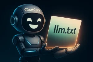 Illustration of a digital file named LLM.txt unlocking visibility on ChatGPT search results for websites