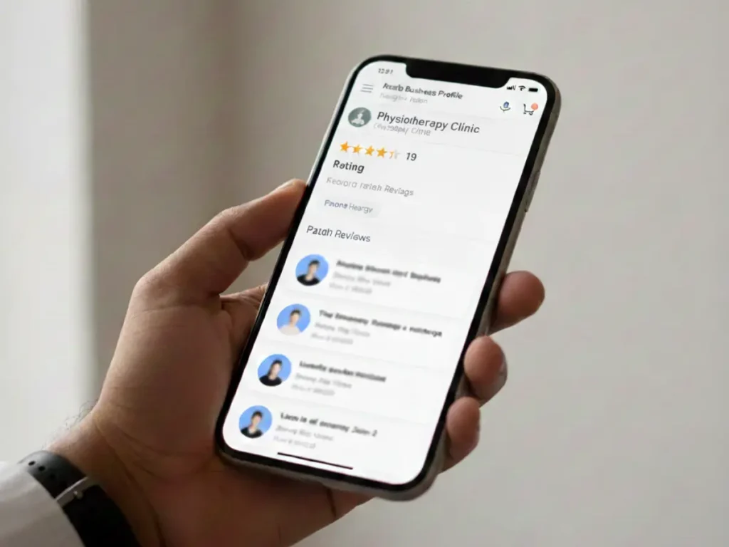 Digital marketing for physiotherapy clinics showing patient reviews and star ratings on a clinic profile viewed on a mobile phone.