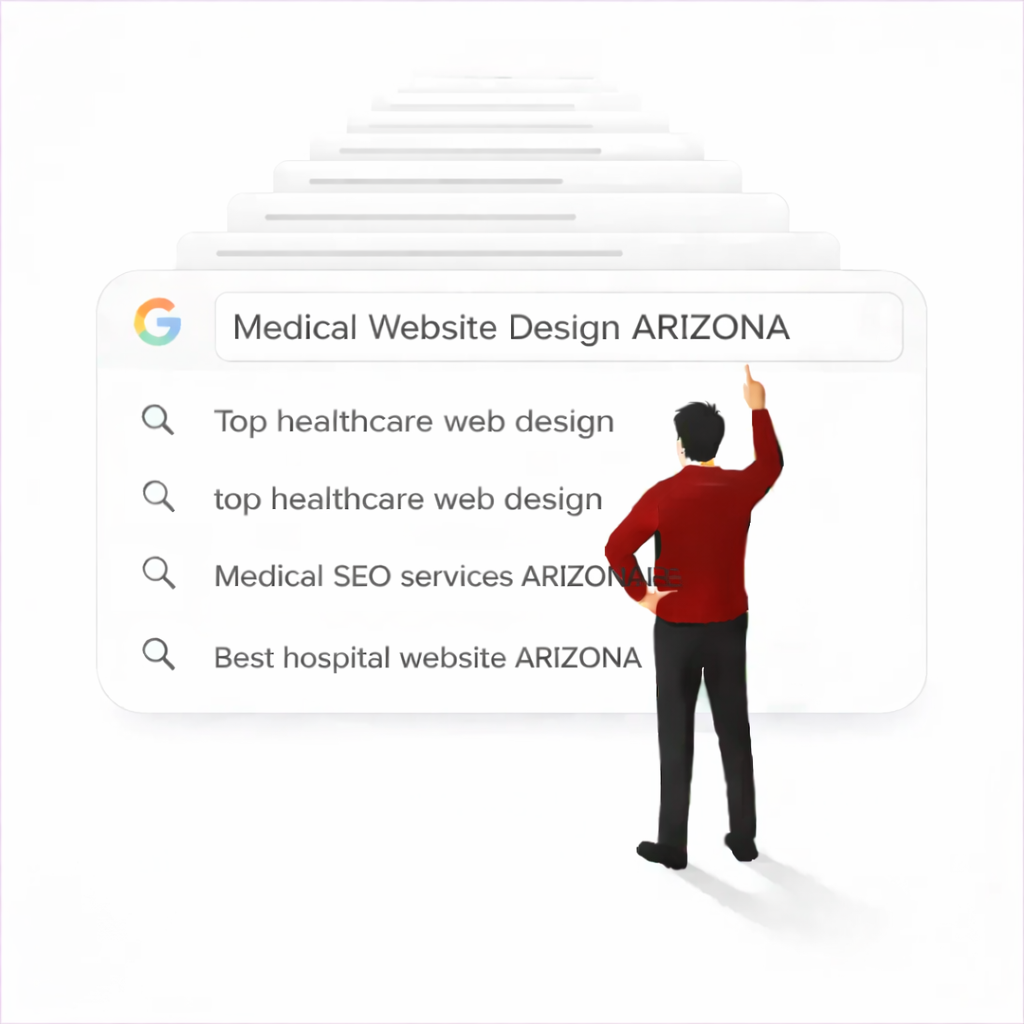 Medical Web Design Services in Arizona illustration showing a man pointing at Google search results for healthcare website design.