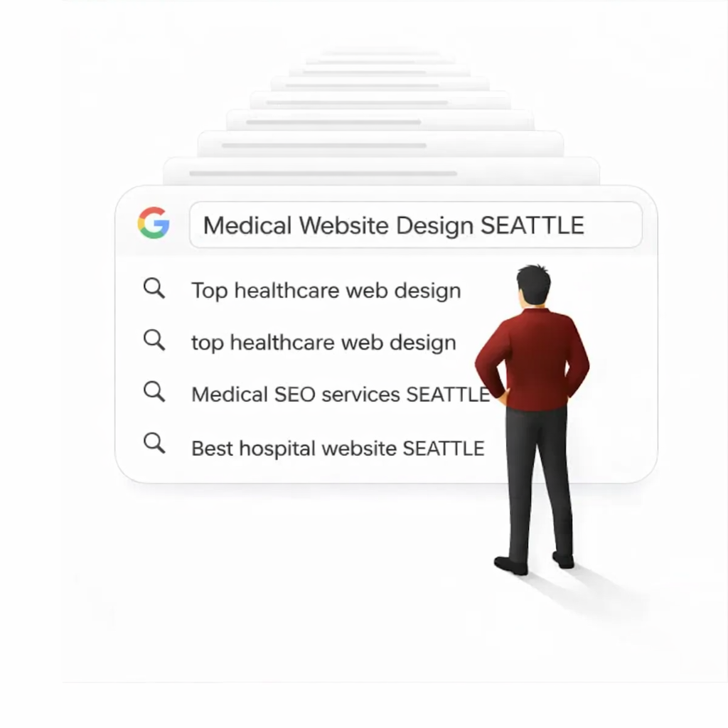 Healthcare Web Design Agency in Seattle illustration showing a man viewing Google search results for medical website design services.