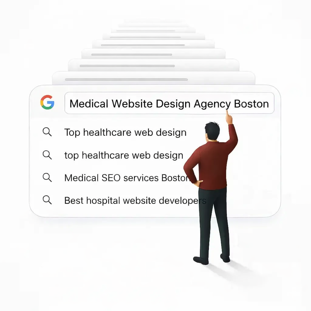 Healthcare Web Design Agency in Boston search illustration showing a man pointing at a Google search bar with medical web design queries