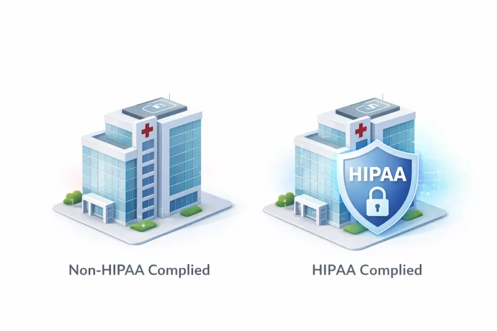 Comparison of a non-HIPAA compliant hospital and a HIPAA compliant hospital protected by a digital security shield.- Common Hipaa violations