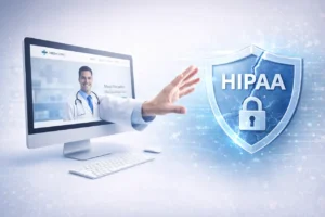 HIPAA-compliant medical website showing a doctor reaching out from a clinic website to secure a digital HIPAA shield.