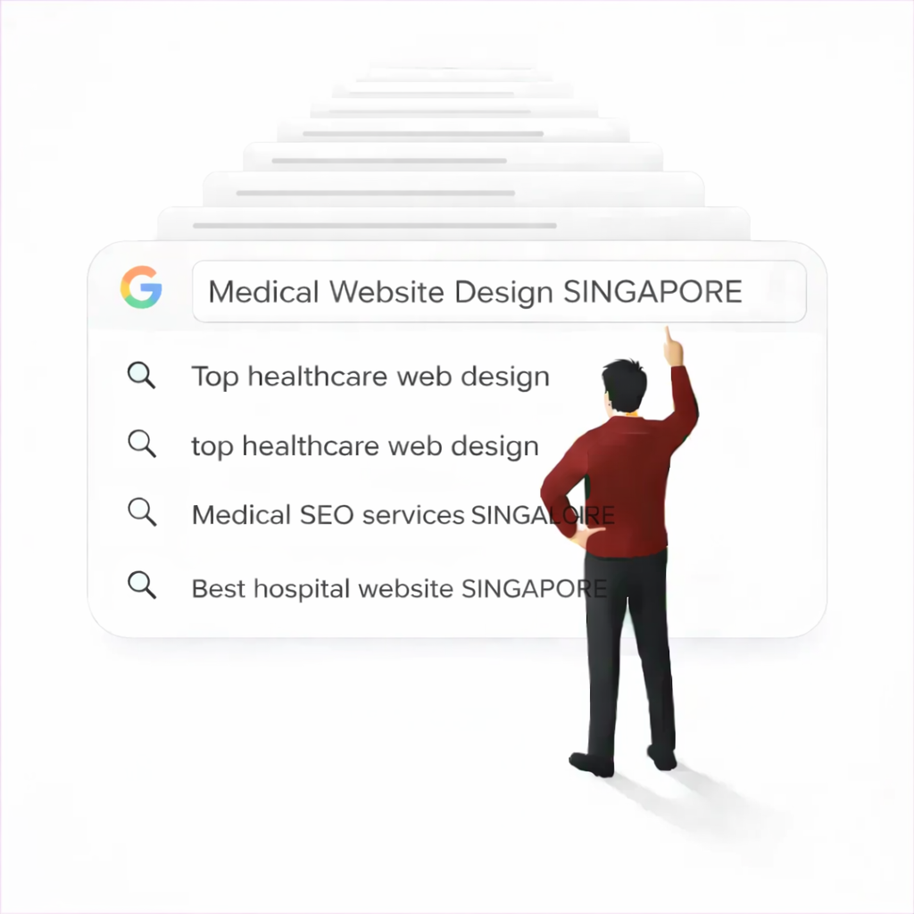 Medical website design agency in Singapore illustration showing a man pointing at Google search results for healthcare web design services.
