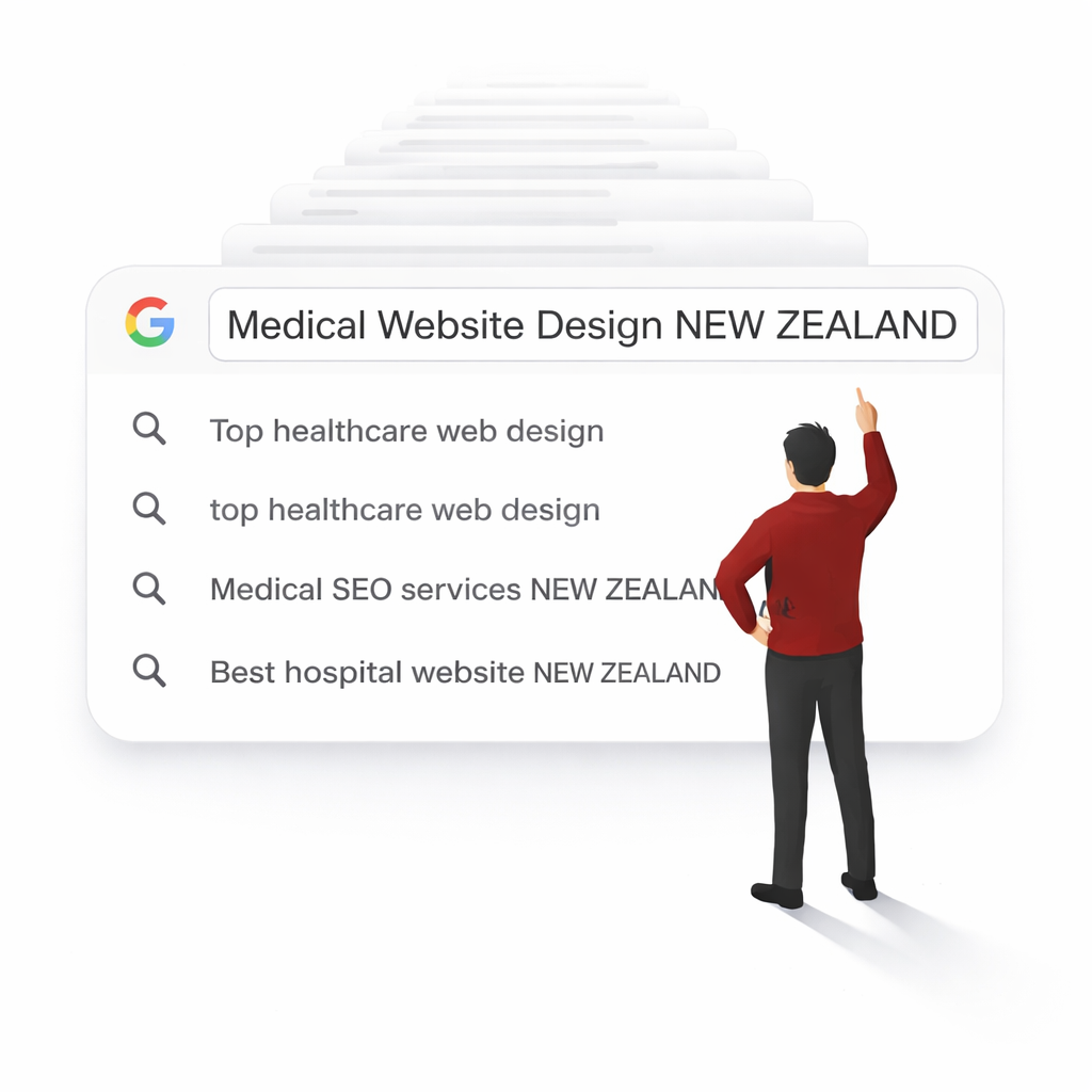 Illustration showing a professional pointing at a search result for the Best Medical Website Design Company in New Zealand, representing online visibility for healthcare services.