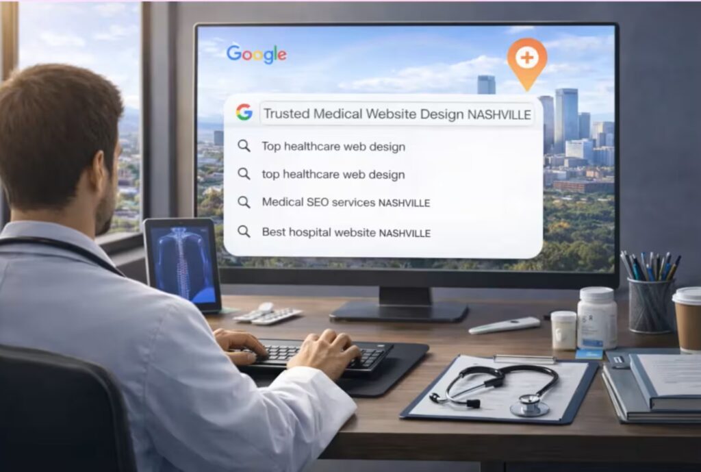 Doctor working on a computer while searching for a Healthcare Web Development Company in Nashville on Google.