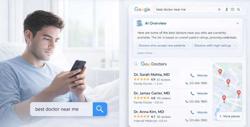Healthcare SEO guide showing a patient searching for a doctor on their phone and Google search results displaying local doctor listings with ratings and an AI Overview Image Title: healthcare-seo-complete-guide-2026-hero