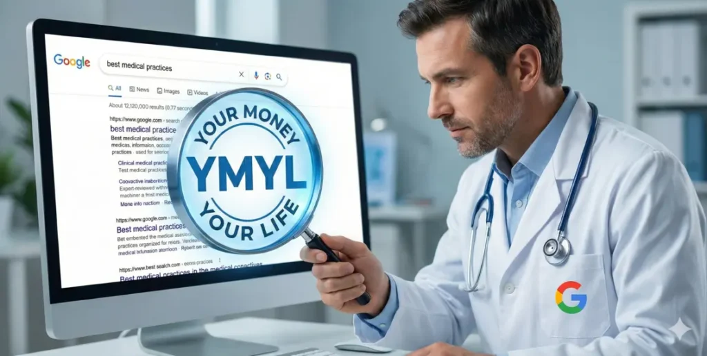 Doctor analyzing YMYL trust badge on digital screen representing healthcare SEO compliance