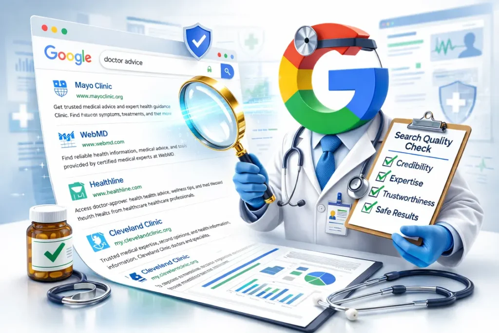 Google search results page being audited for credibility and trust under YMYL in Healthcare SEO guidelines