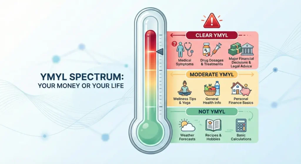 Visual representation of YMYL spectrum showing risk levels in Healthcare SEO content