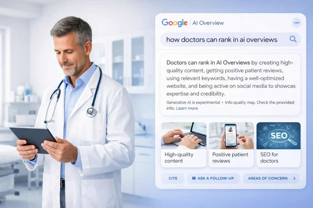 Male doctor in a white coat reviewing a tablet next to a glowing blue artificial intelligence neural network, representing healthcare AI technology.