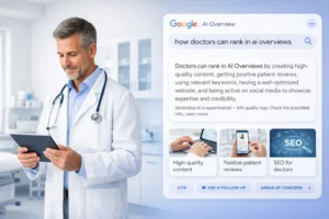 Male doctor in a white coat reviewing a tablet next to a glowing blue artificial intelligence neural network, representing healthcare AI technology.